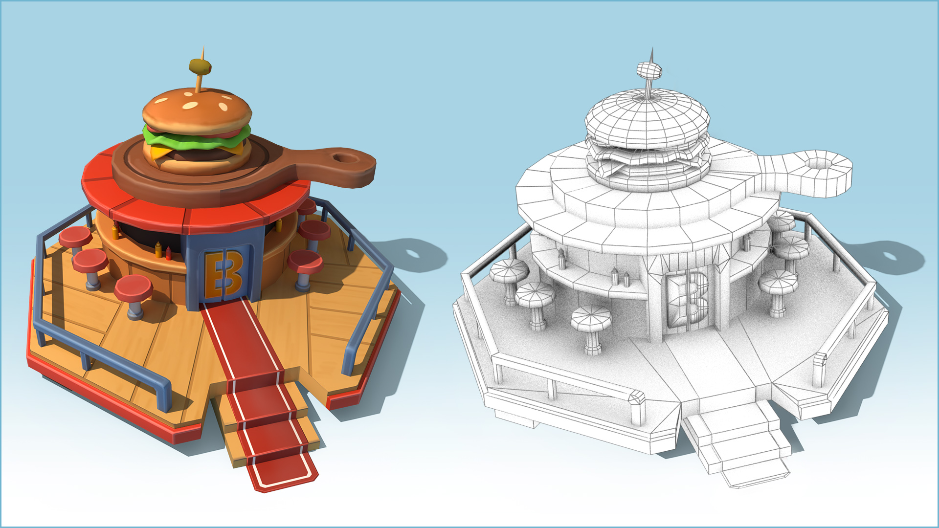 Food Corner over the Clouds Wireframe